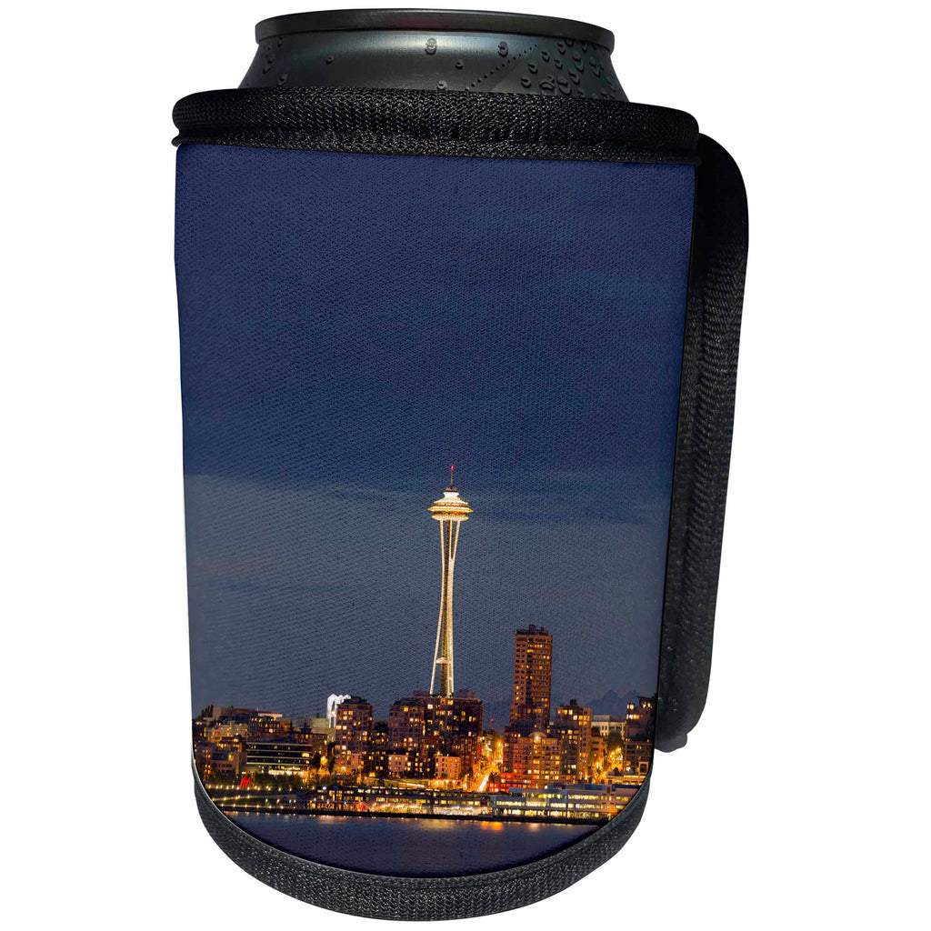 3dRose Danita Delimont - Seattle - WA, Seattle, Space Needle and Elliott Bay from West Seattle, night - Can Cooler Bottle Wrap (cc_251533)