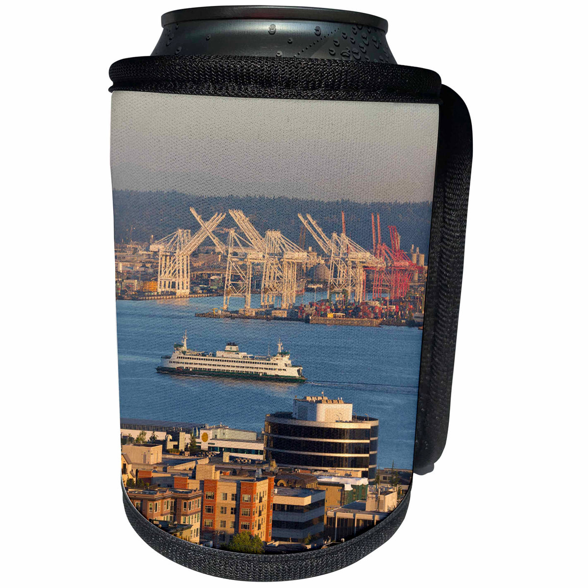 3dRose Danita Delimont - Seattle - WA, Seattle, view of Elliott Bay with Washington State ferry - Can Cooler Bottle Wrap (cc_251536)