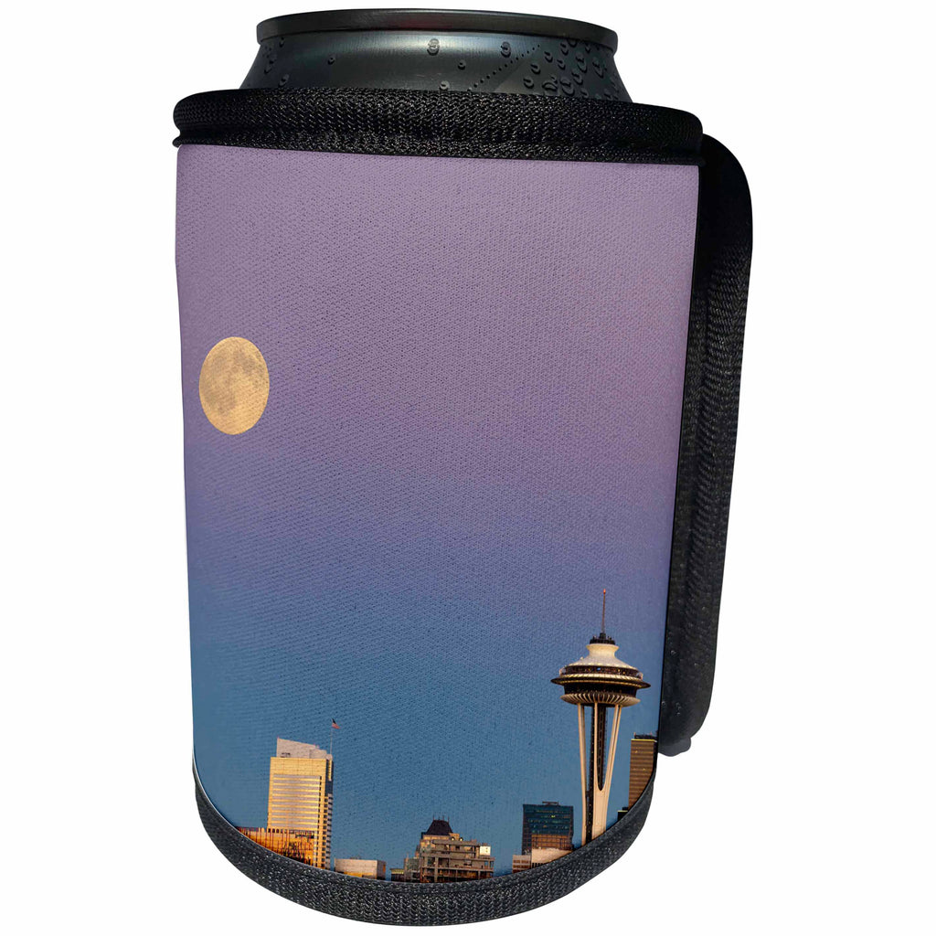 3dRose Danita Delimont - Seattle - Washington State, Seattle, skyline view with full moon - Can Cooler Bottle Wrap (cc_251542)