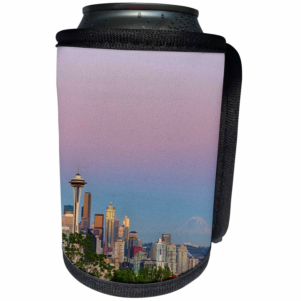 3dRose Danita Delimont - Seattle - Washington State, Seattle, skyline view with Mount Rainier - Can Cooler Bottle Wrap (cc_251543)