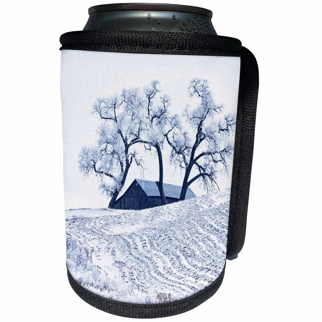 3dRose Danita Delimont - Palouse - Washington State, Palouse, Snow covered barn with old oak tree - Can Cooler Bottle Wrap (cc_251581)