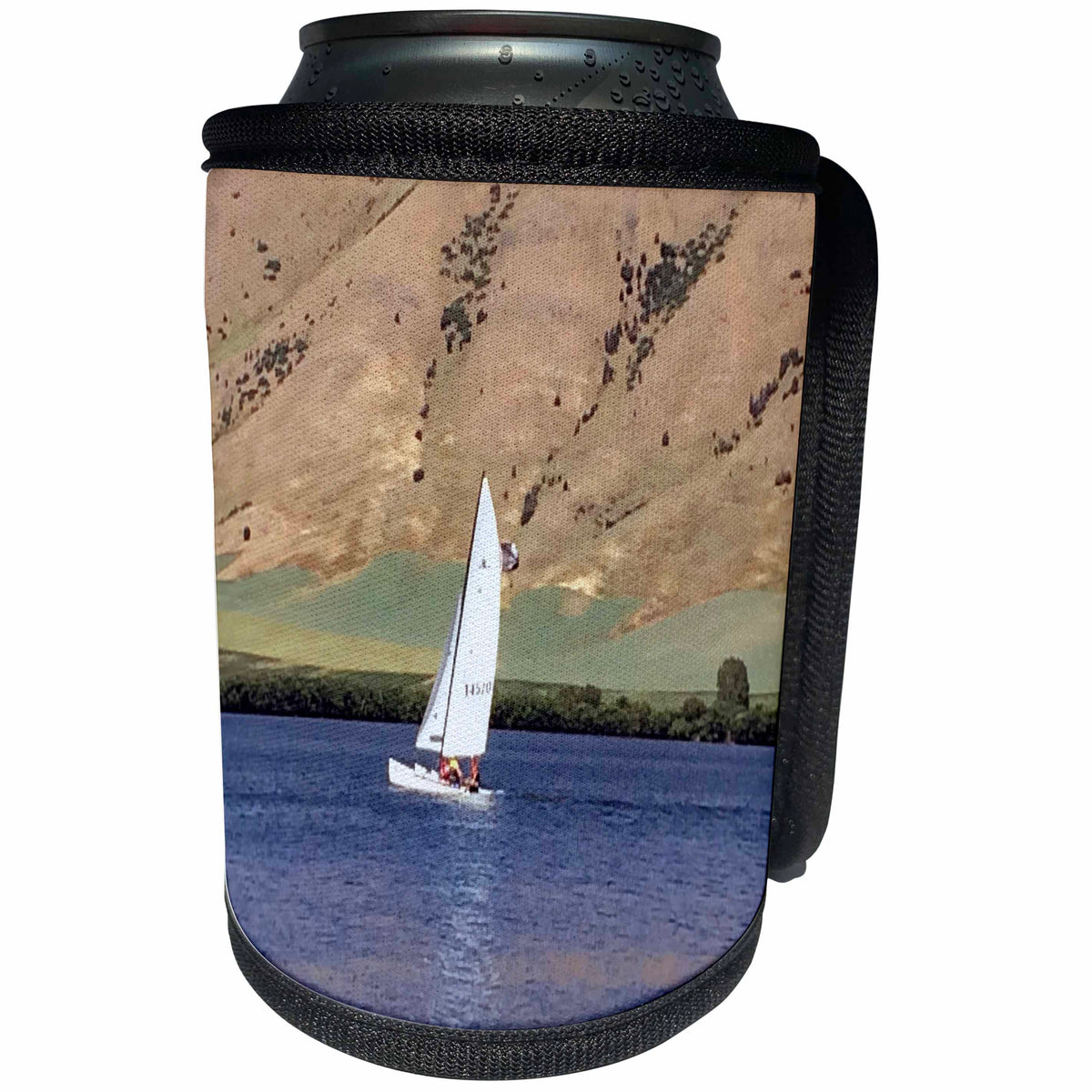 3dRose Anne Marie Baugh - Photography - Sail Boat In A Mountain Lake Photograph - Can Cooler Bottle Wrap (cc_251747)