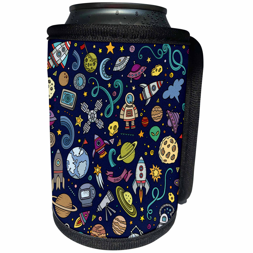 3dRose Carsten Reisinger - Illustrations - Cartoon Space Explorer Birthday Kids Theme Spaceship Astronaut - Can Cooler Bottle Wrap (cc_251750)