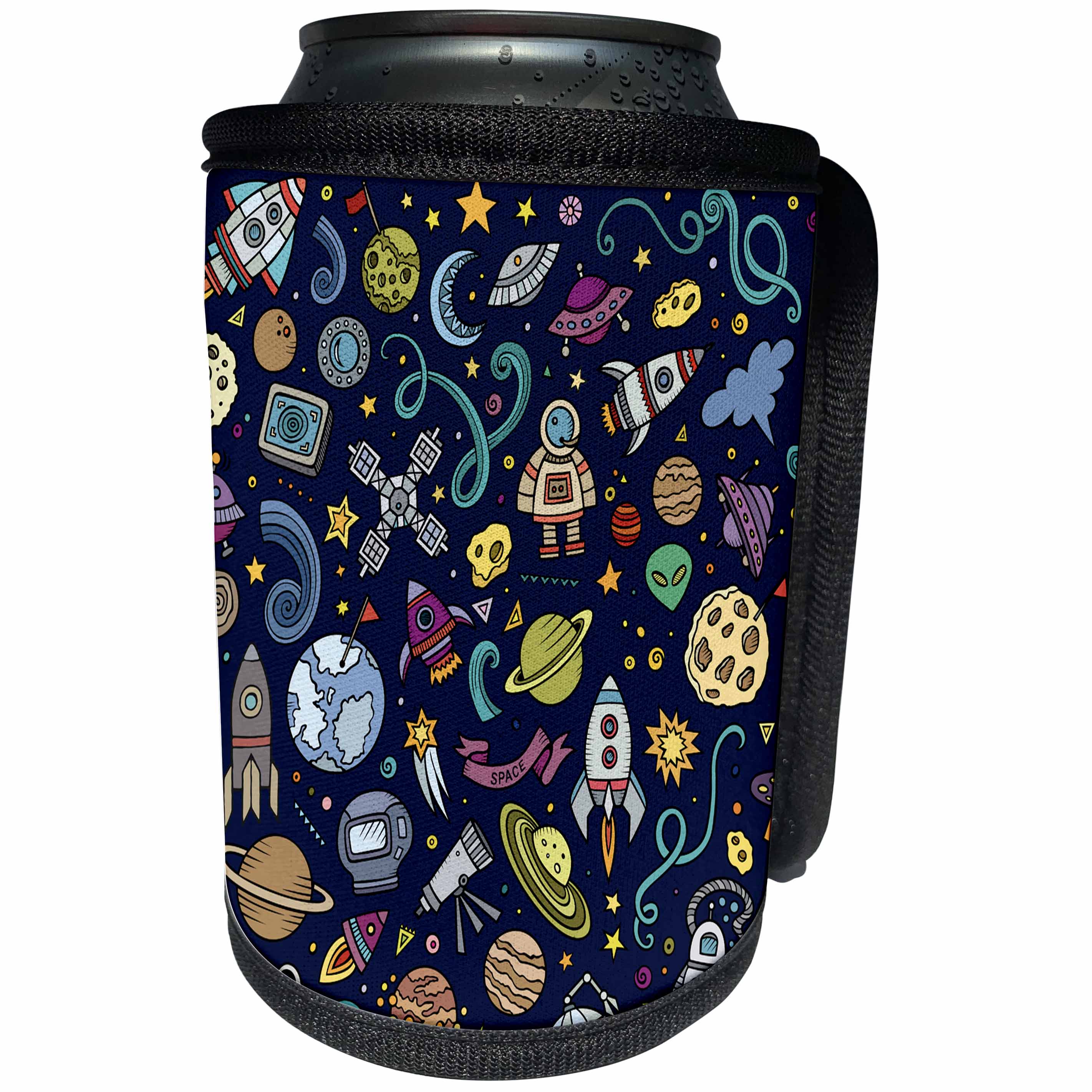 3dRose Carsten Reisinger - Illustrations - Cartoon Space Explorer Birthday Kids Theme Spaceship Astronaut - Can Cooler Bottle Wrap (cc_251750)