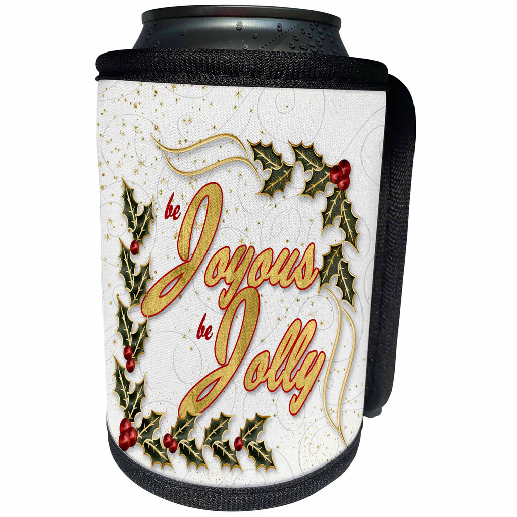 3dRose Doreen Erhardt Christmas Collection - Be Joyous Be Jolly with Berries and Holly Christmas Word Art - Can Cooler Bottle Wrap (cc_251752)