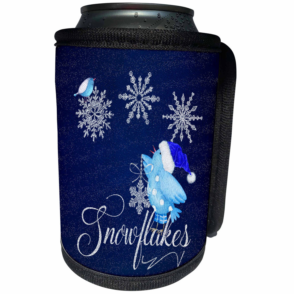 3dRose Doreen Erhardt Christmas Collection - Cute Illustrated Blue Birds with Snowflakes Festive Winter Holiday - Can Cooler Bottle Wrap (cc_251753)