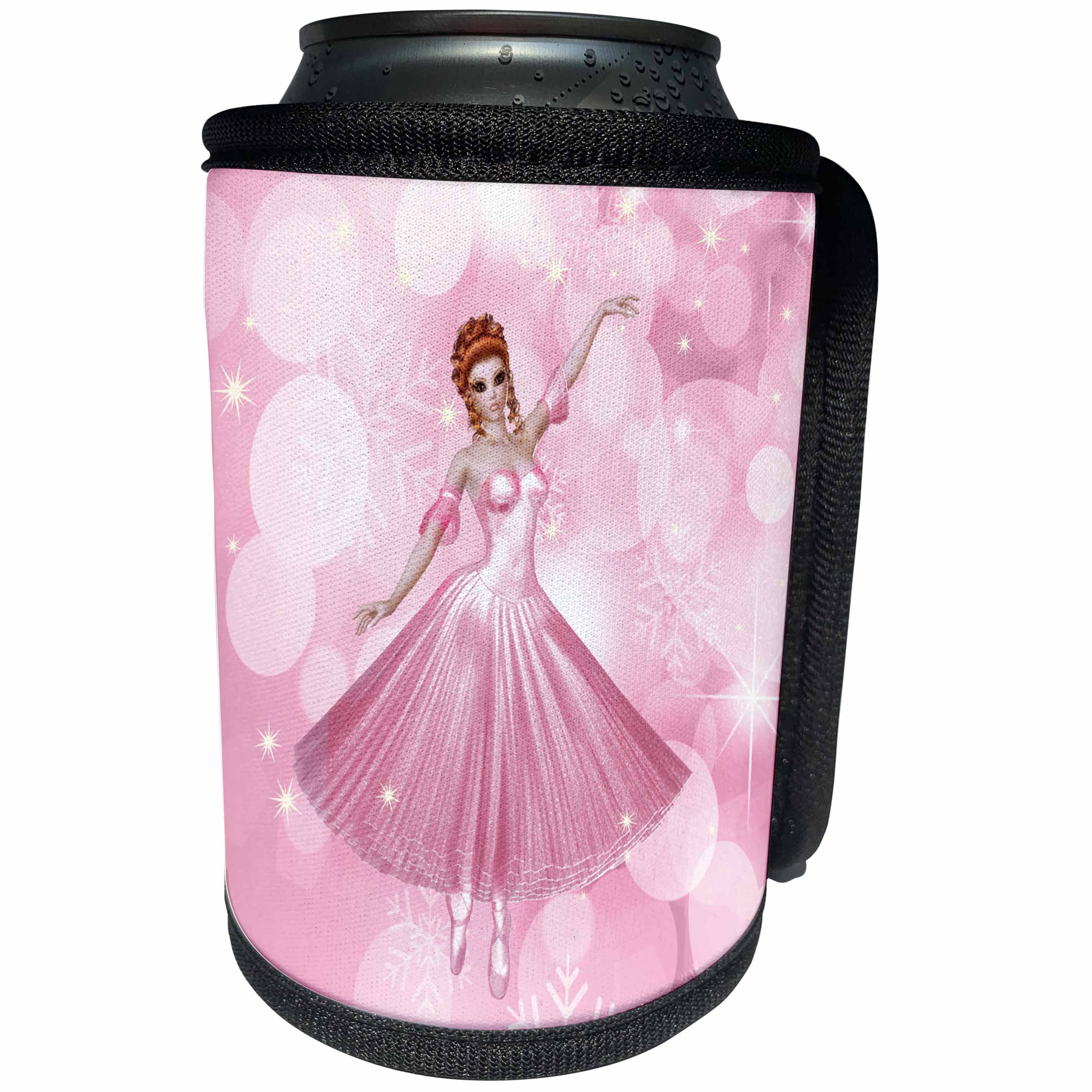 3dRose Doreen Erhardt Ballet - Red Headed Ballerina in a Pink Tutu with Winter Snowflake Bokeh - Can Cooler Bottle Wrap (cc_251754)