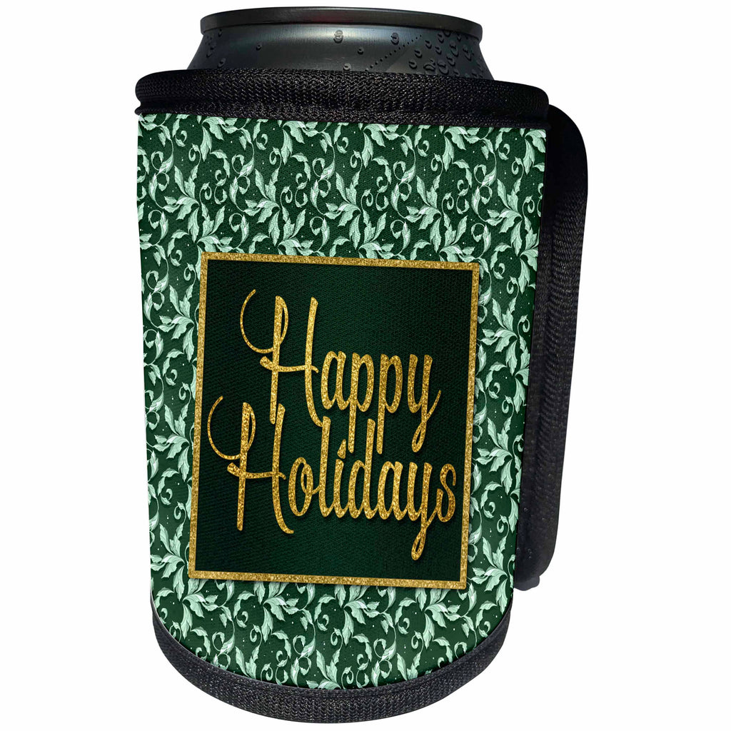 3dRose Doreen Erhardt Christmas Collection - Seasonal Green and Faux Gold Leaf Happy Holidays and Holly Leaves - Can Cooler Bottle Wrap (cc_251755)
