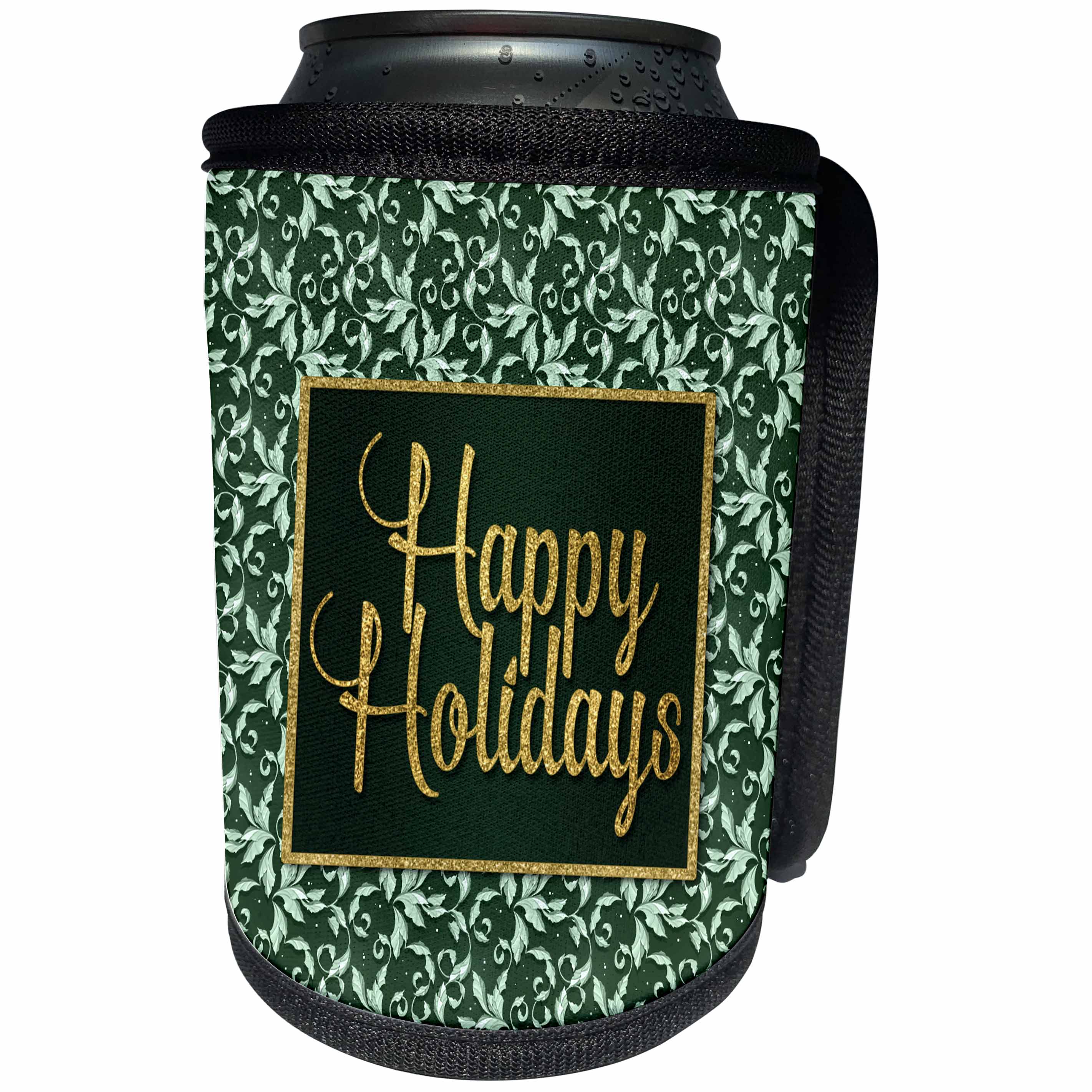 3dRose Doreen Erhardt Christmas Collection - Seasonal Green and Faux Gold Leaf Happy Holidays and Holly Leaves - Can Cooler Bottle Wrap (cc_251755)