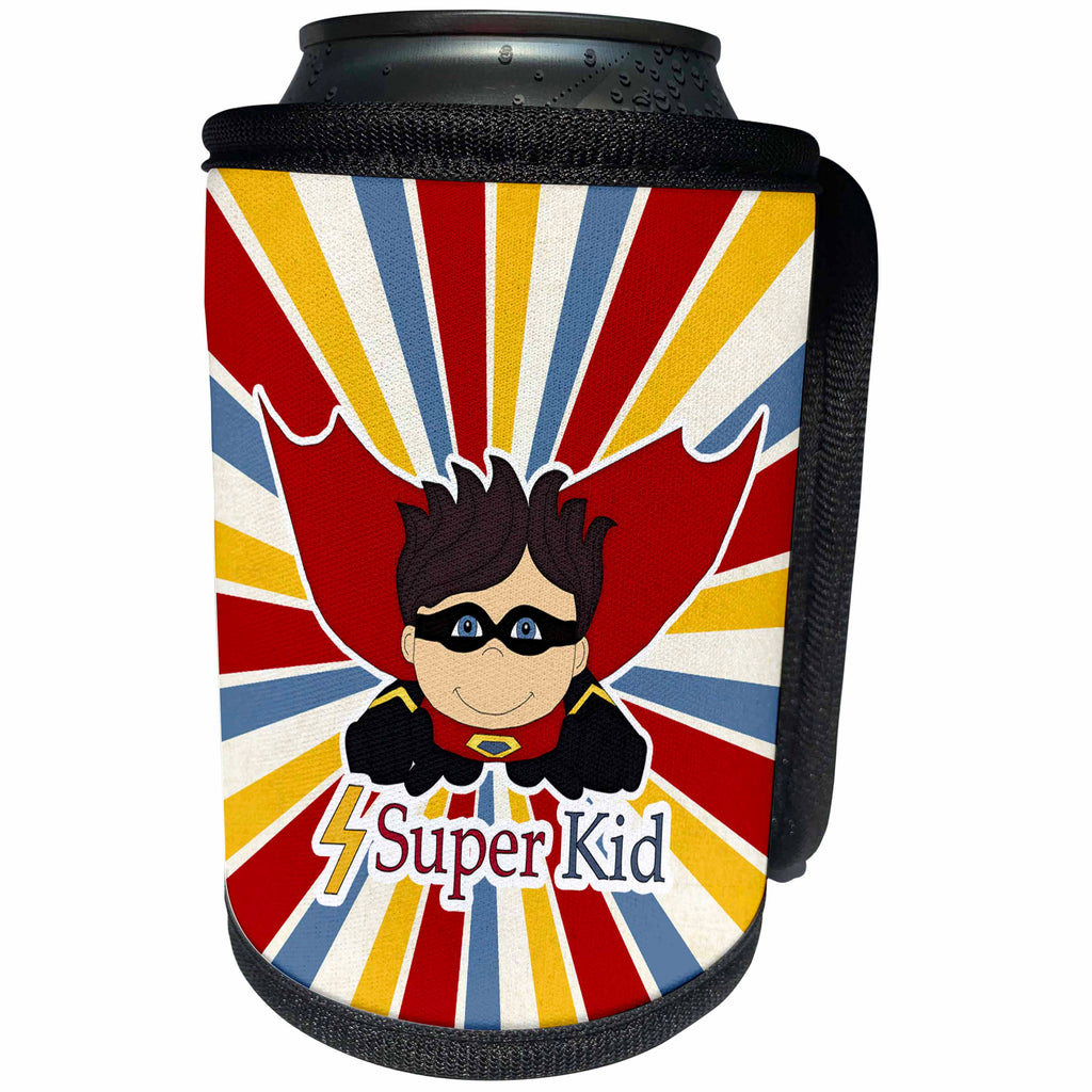 3dRose Doreen Erhardt Kids Collection - Superhero Boy is a Super Kid with Cape and Colorful Starburst - Can Cooler Bottle Wrap (cc_251757)