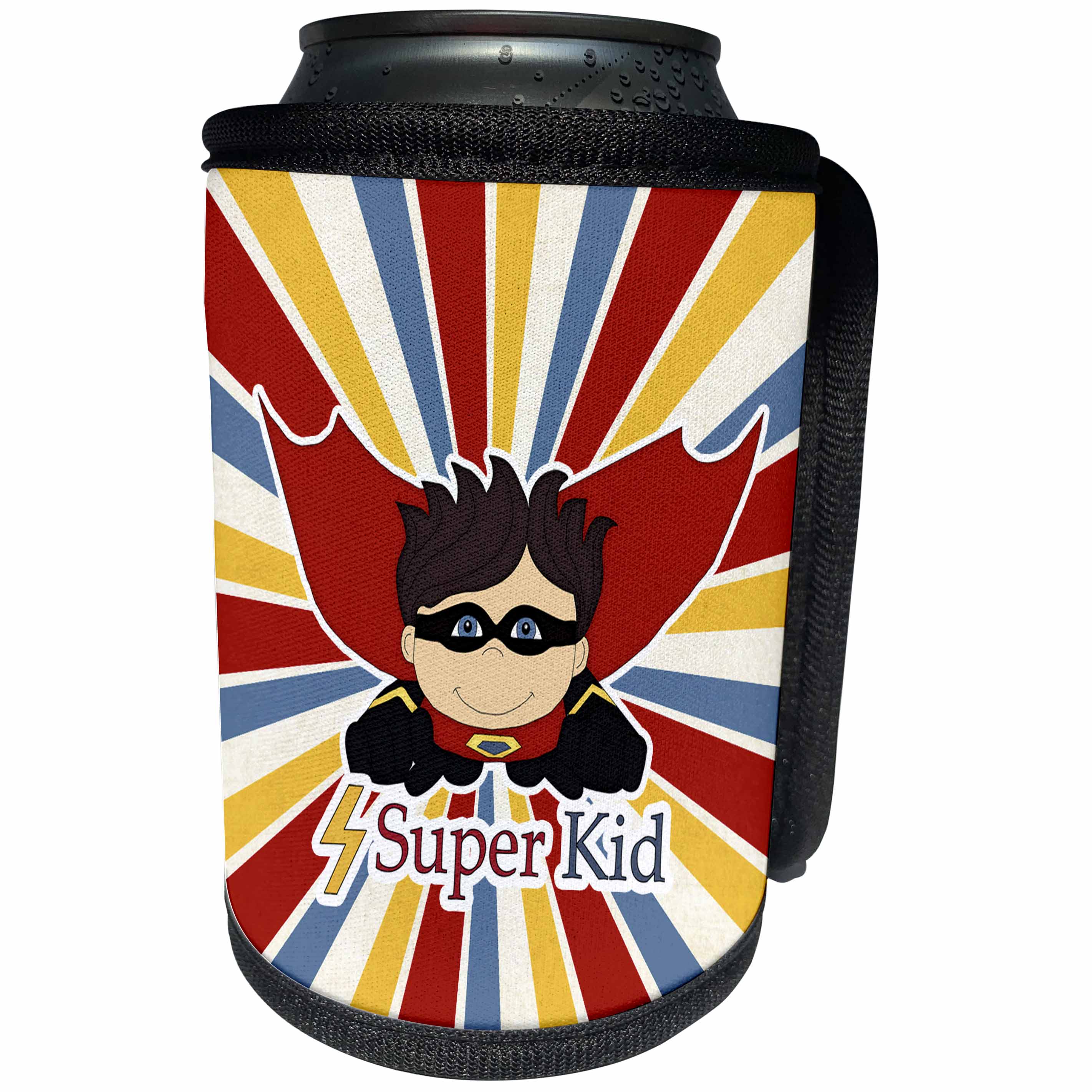 3dRose Doreen Erhardt Kids Collection - Superhero Boy is a Super Kid with Cape and Colorful Starburst - Can Cooler Bottle Wrap (cc_251757)