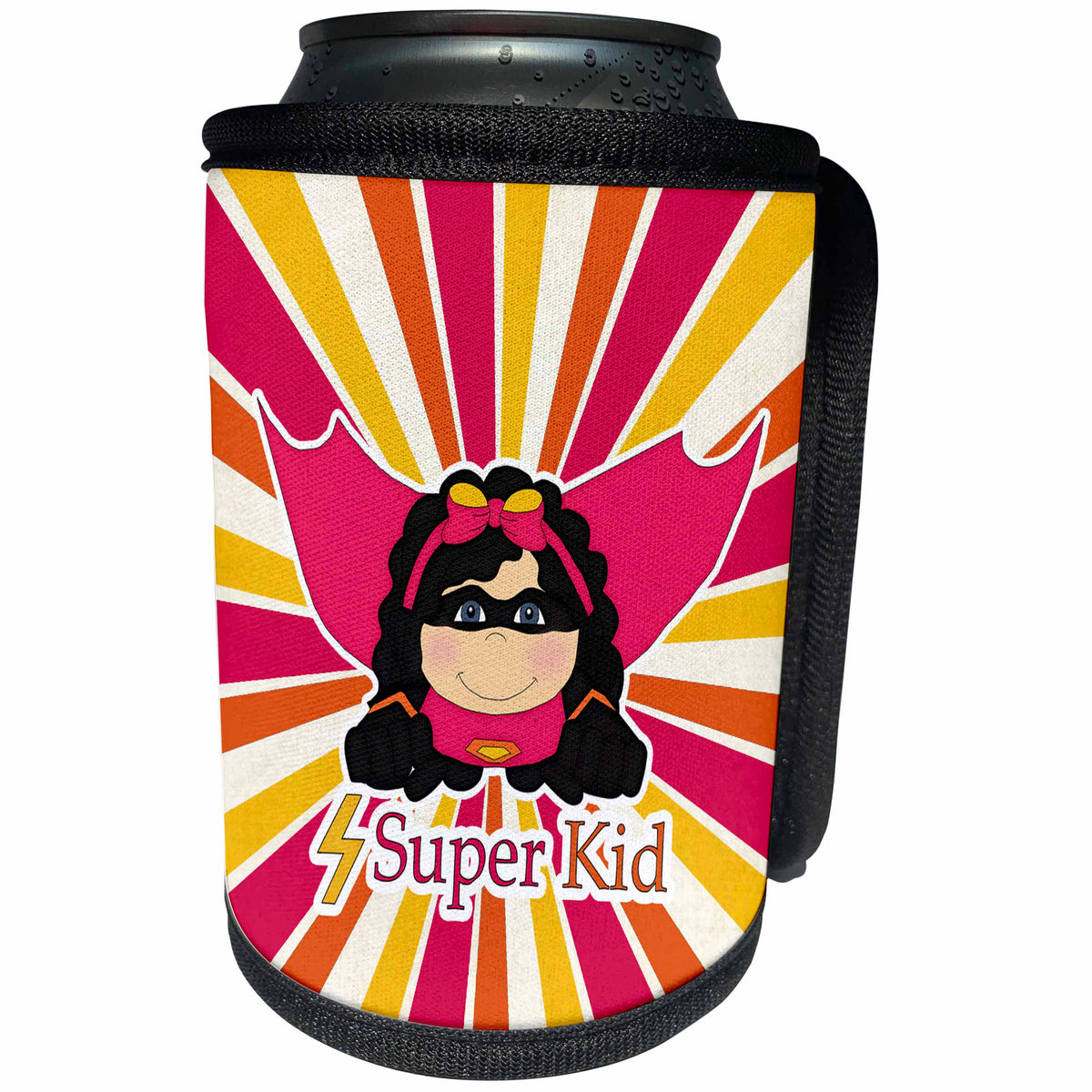 3dRose Doreen Erhardt Kids Collection - Pink and Yellow Superhero Girl is a Super Kid with Mask and Cape - Can Cooler Bottle Wrap (cc_251758)
