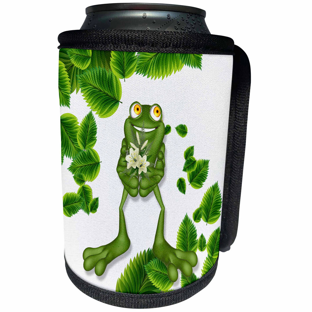 3dRose Doreen Erhardt Wildlife - Adorable Cartoon Frog with Flowers and Sprinkled Green Leaves - Can Cooler Bottle Wrap (cc_251760)