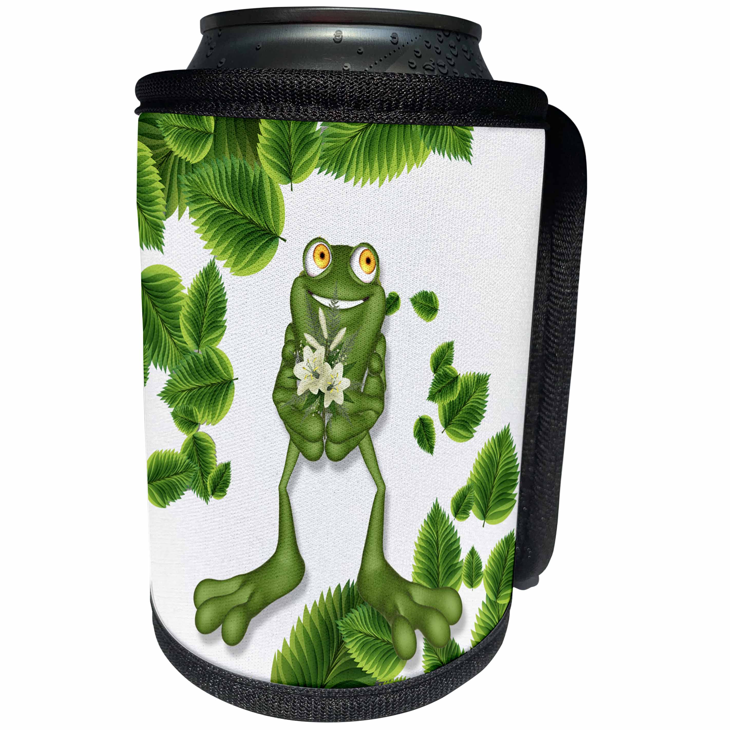 3dRose Doreen Erhardt Wildlife - Adorable Cartoon Frog with Flowers and Sprinkled Green Leaves - Can Cooler Bottle Wrap (cc_251760)