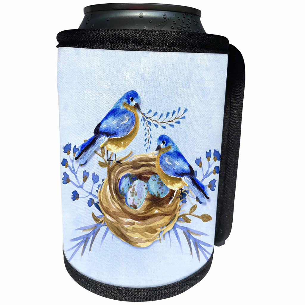 3dRose Doreen Erhardt Birds - Two Bluebirds with Nest and Eggs in Watercolor Hues of Blue and Brown - Can Cooler Bottle Wrap (cc_251763)