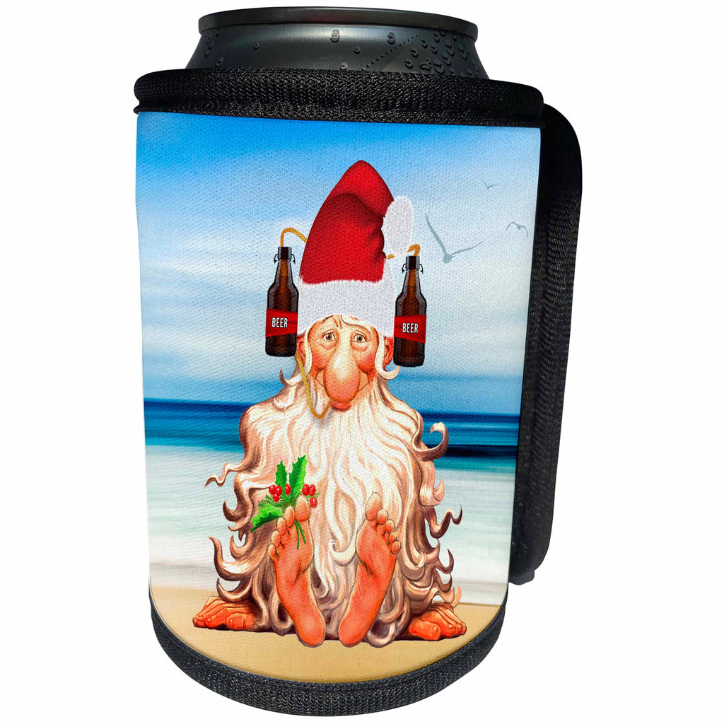 3dRose Doreen Erhardt Christmas Collection - Funny Beer Lovers Beach Themed Christmas with Gnome in a Drink Hat - Can Cooler Bottle Wrap (cc_251764)