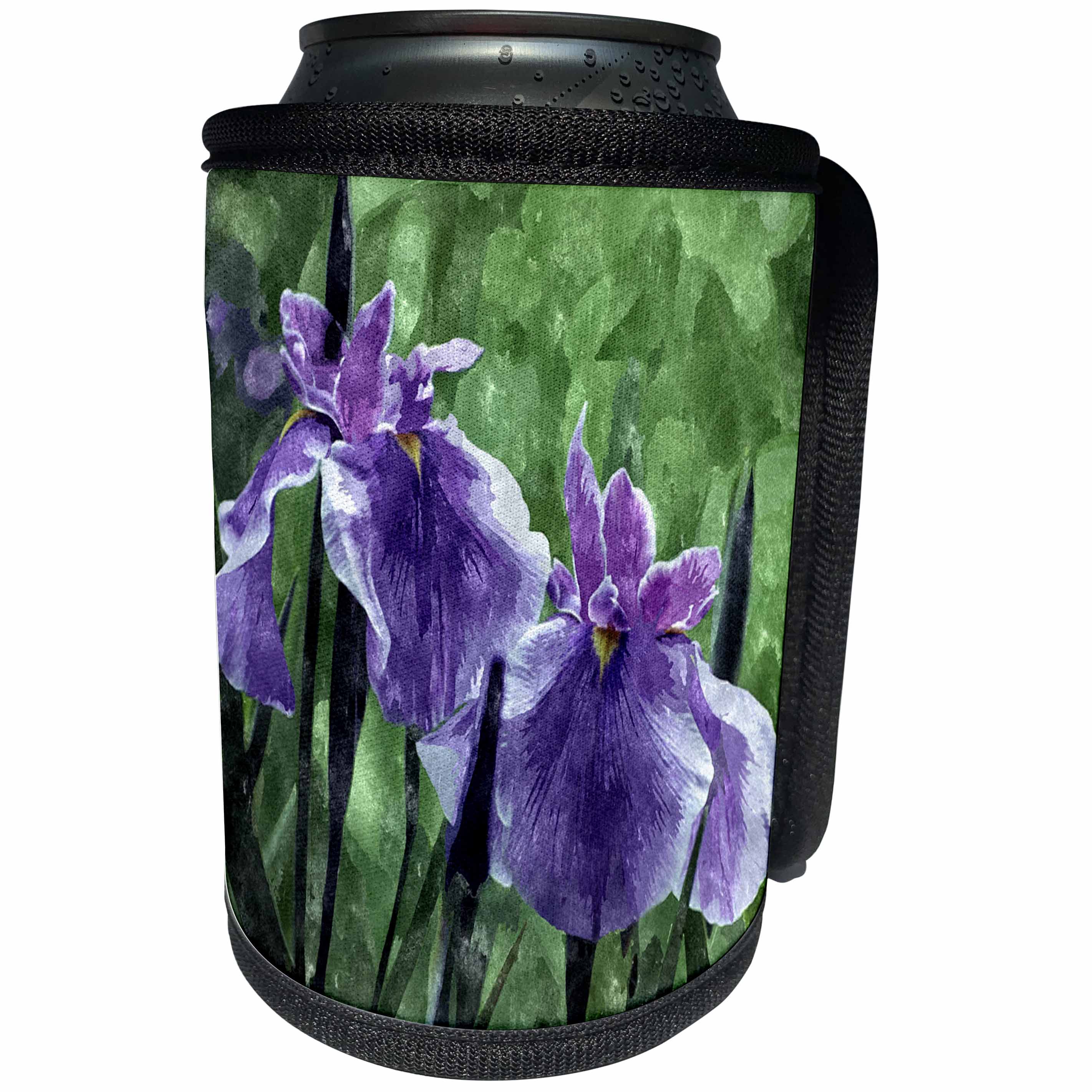 3dRose Doreen Erhardt Floral - Rich Purple and Lavender Pair of Watercolor Iris in a Garden Setting - Can Cooler Bottle Wrap (cc_251767)