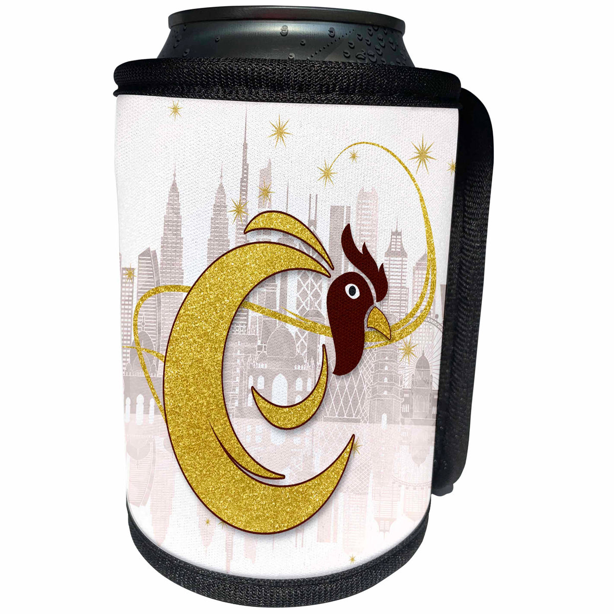3dRose Doreen Erhardt Asian Collection - Year of the Rooster Chinese New Year Lucky Brown and Gold - Can Cooler Bottle Wrap (cc_251770)