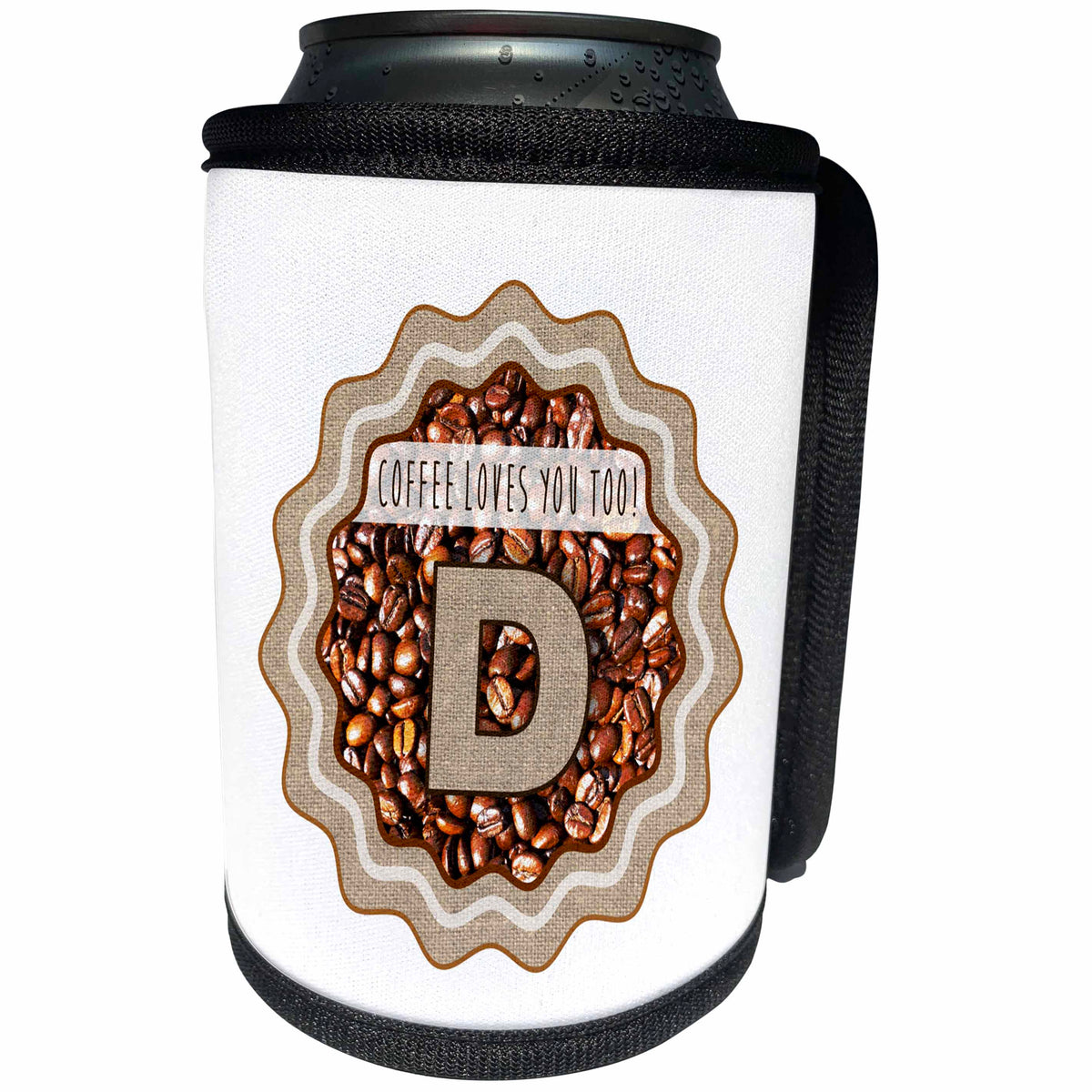 3dRose Russ Billington Coffee Monograms Letter D - Initial D- Coffee Loves You Too Monogram design - Can Cooler Bottle Wrap (cc_251774)