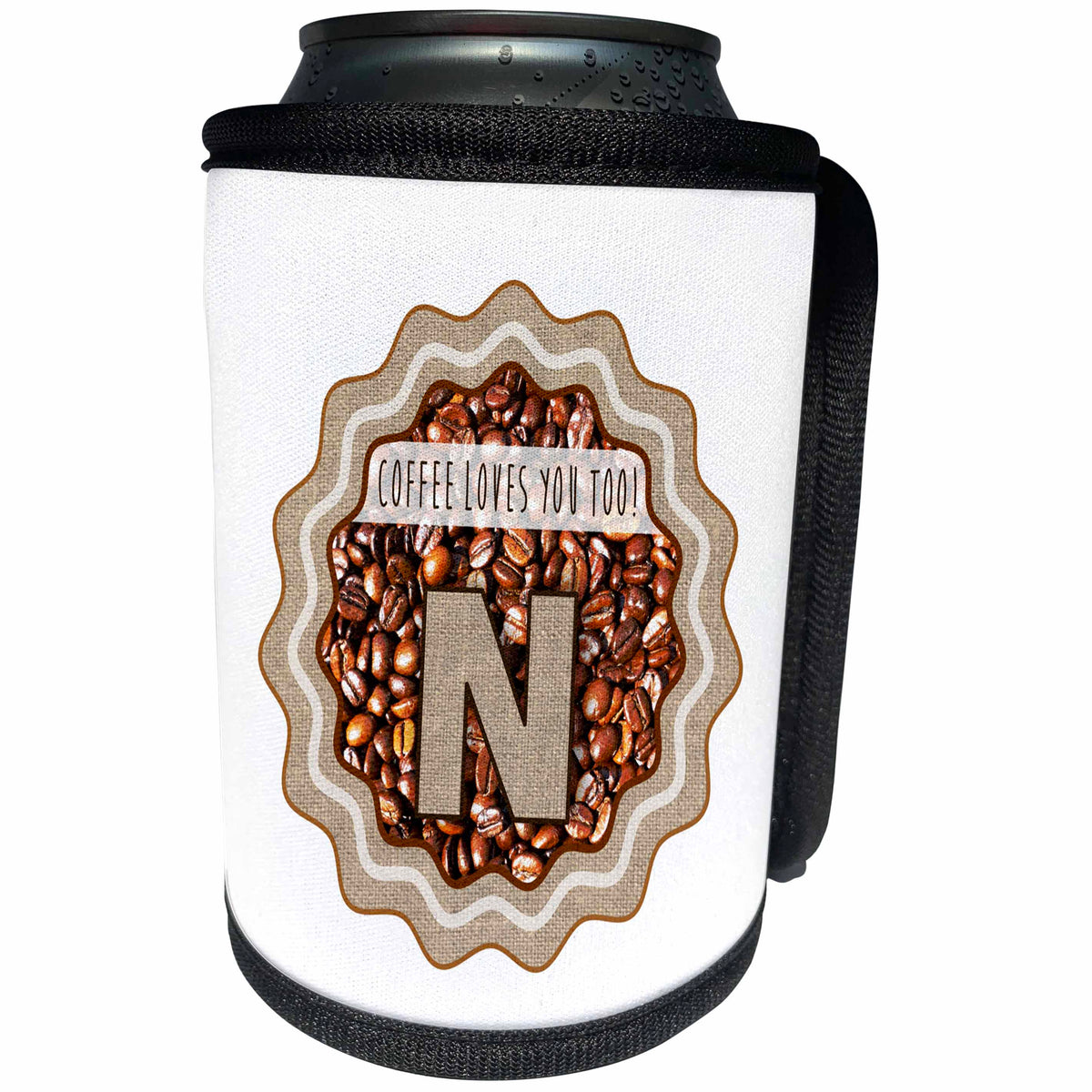 3dRose Russ Billington Coffee Monograms Letter N - Initial N- Coffee Loves You Too Monogram design - Can Cooler Bottle Wrap (cc_251784)