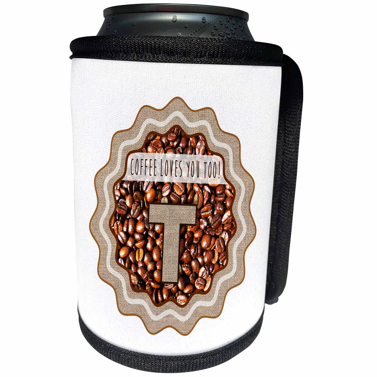 3dRose Russ Billington Coffee Monograms Letter T - Initial T- Coffee Loves You Too Monogram design - Can Cooler Bottle Wrap (cc_251790)