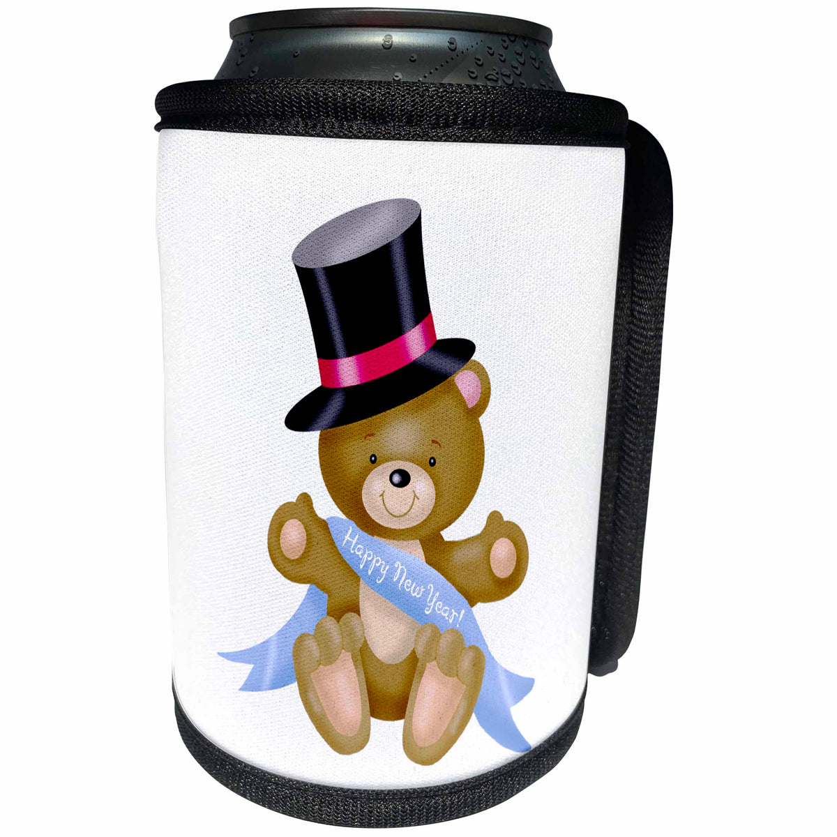 3dRose Russ Billington Designs - Kids Happy New Year Design with Teddy in Top Hat - Can Cooler Bottle Wrap (cc_251809)