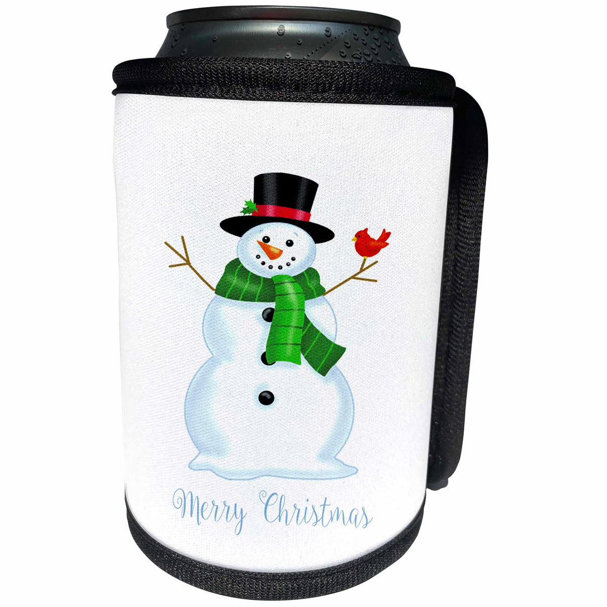 3dRose Russ Billington Christmas Designs - Merry Christmas- Cute Christmas Snowman with Cardinal on arm - Can Cooler Bottle Wrap (cc_251810)