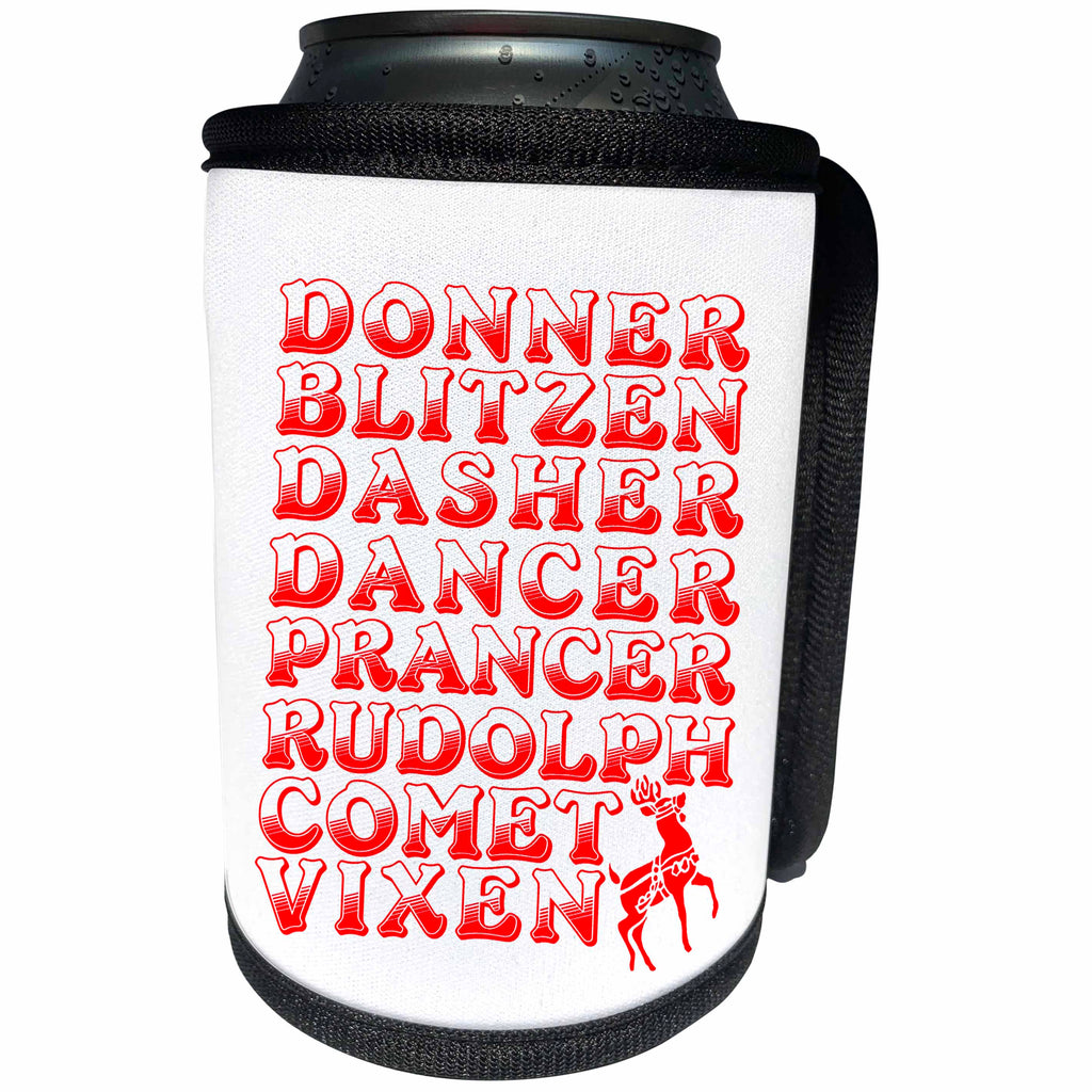 3dRose Russ Billington Christmas Designs - Reindeer Names Design in Red and White - Can Cooler Bottle Wrap (cc_251824)