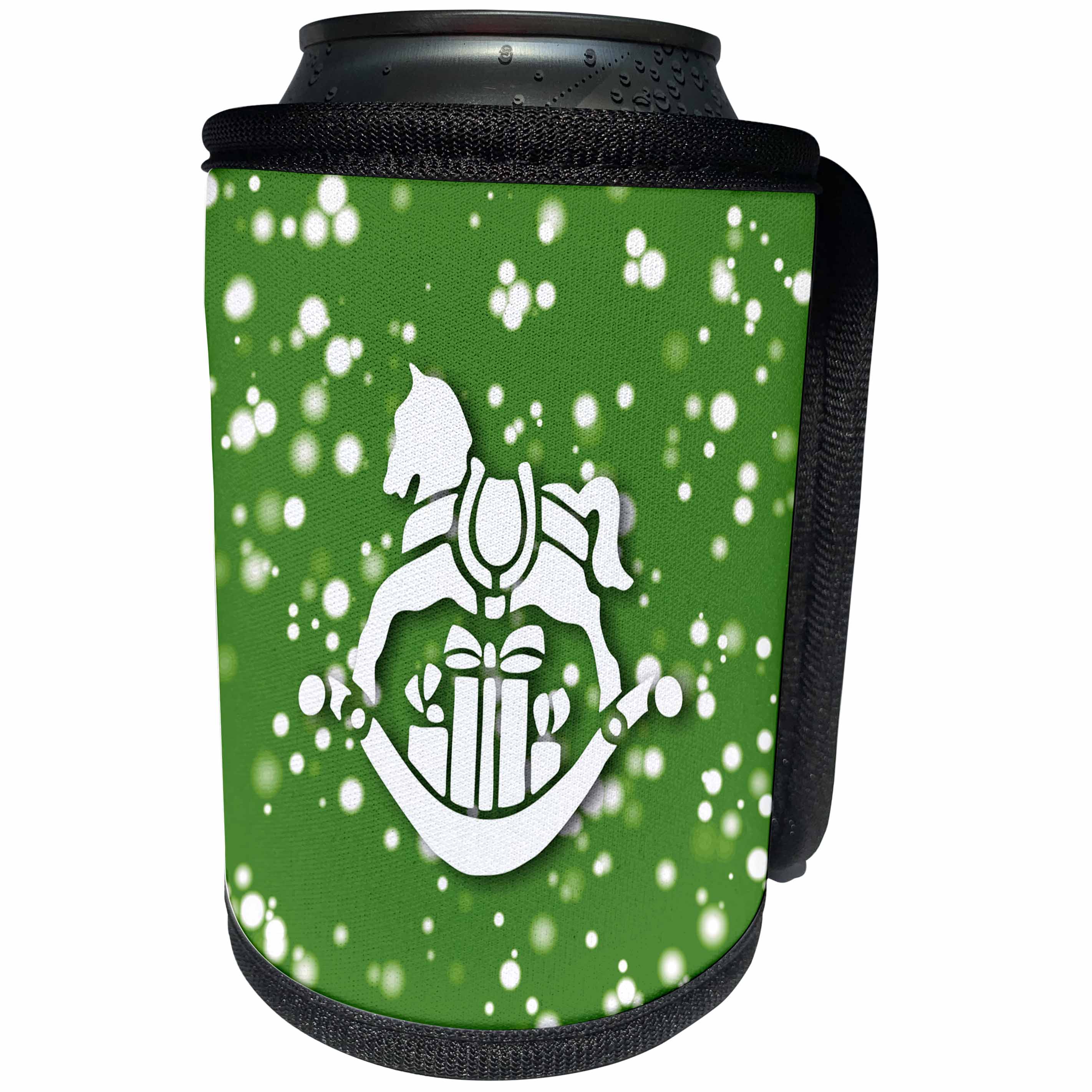 3dRose Russ Billington White Christmas Designs - White Christmas Design- Kids Rocking Horse in Green and White - Can Cooler Bottle Wrap (cc_251834)