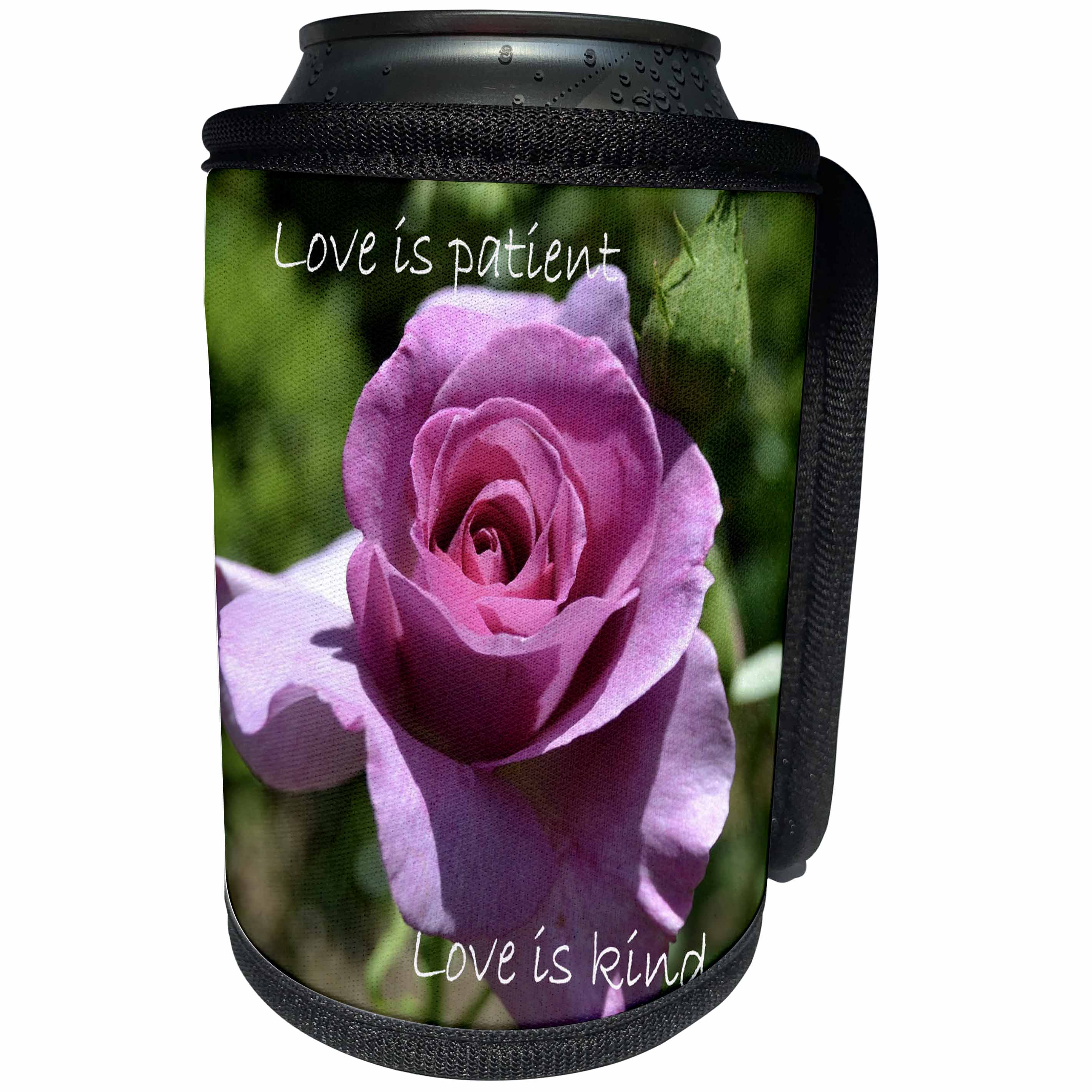 3dRose Patricia Sanders Flowers - Love is Patient Rose - Can Cooler Bottle Wrap (cc_25184)
