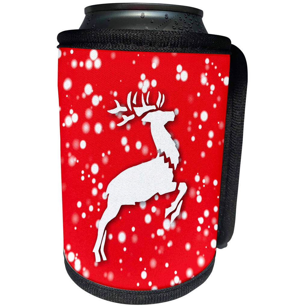 3dRose Russ Billington White Christmas Designs - White Christmas Design- Leaping Reindeer in Red and White - Can Cooler Bottle Wrap (cc_251843)