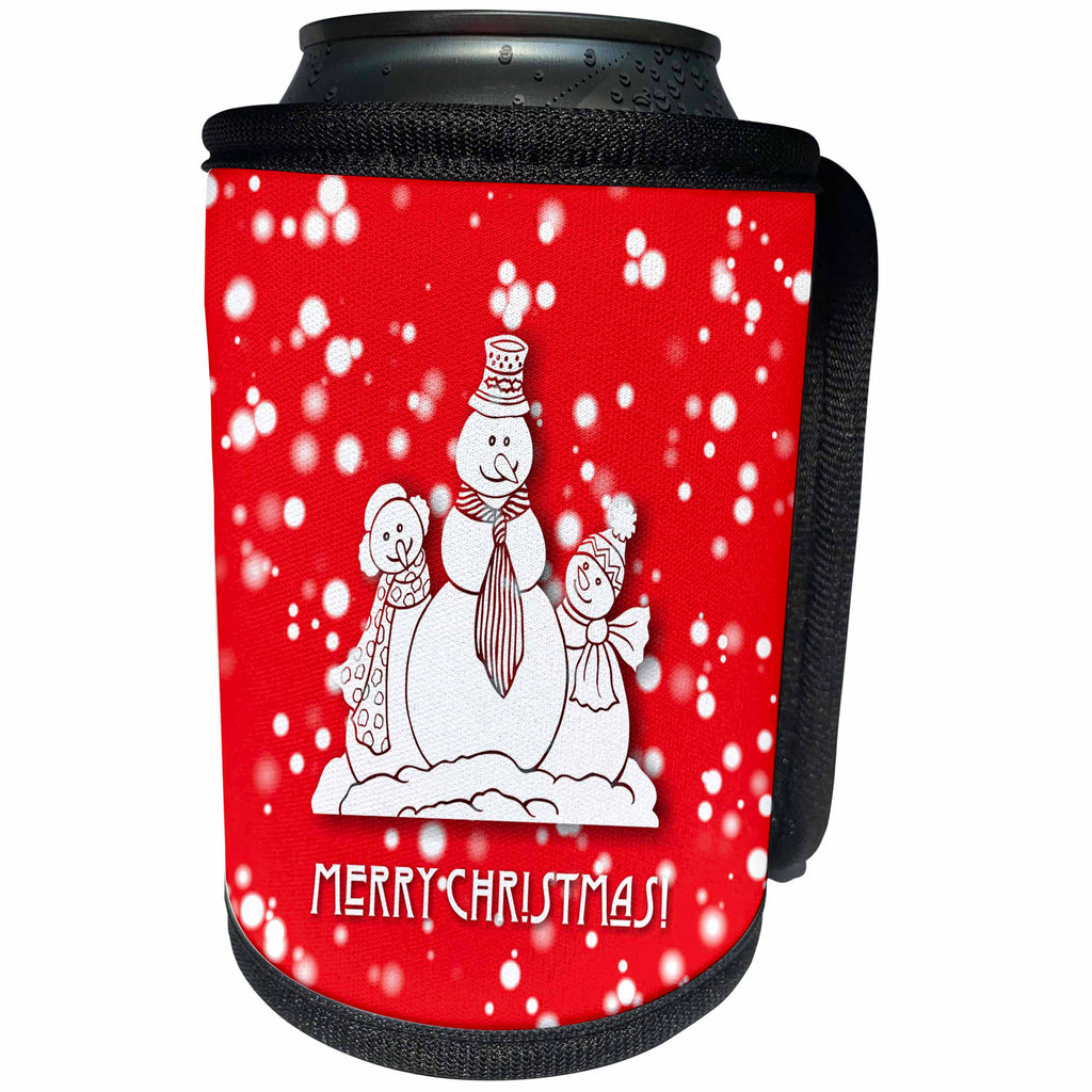 3dRose Russ Billington White Christmas Designs - White Christmas Design- Adorable Snowman Family in Red and White - Can Cooler Bottle Wrap (cc_251851)