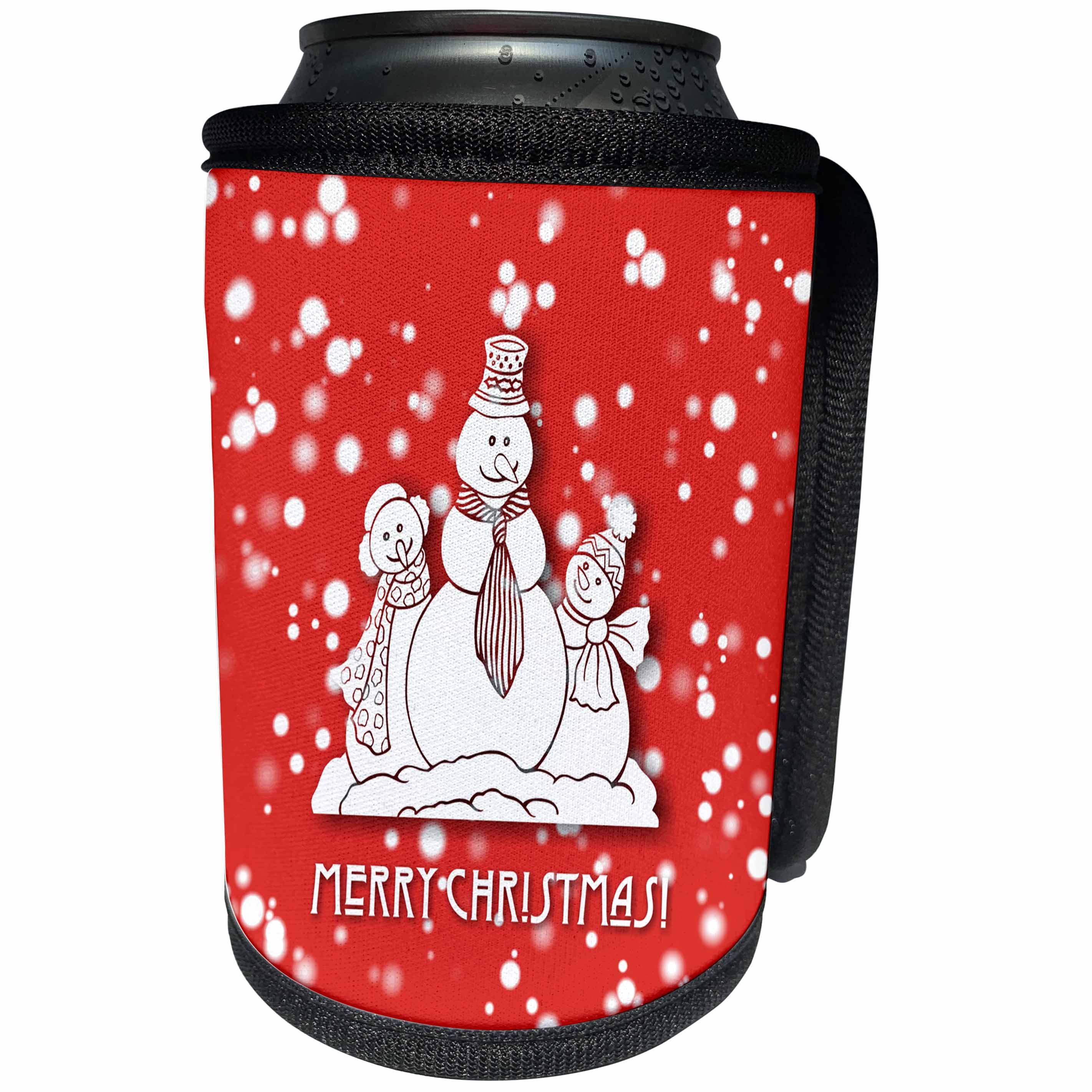3dRose Russ Billington White Christmas Designs - White Christmas Design- Adorable Snowman Family in Red and White - Can Cooler Bottle Wrap (cc_251851)
