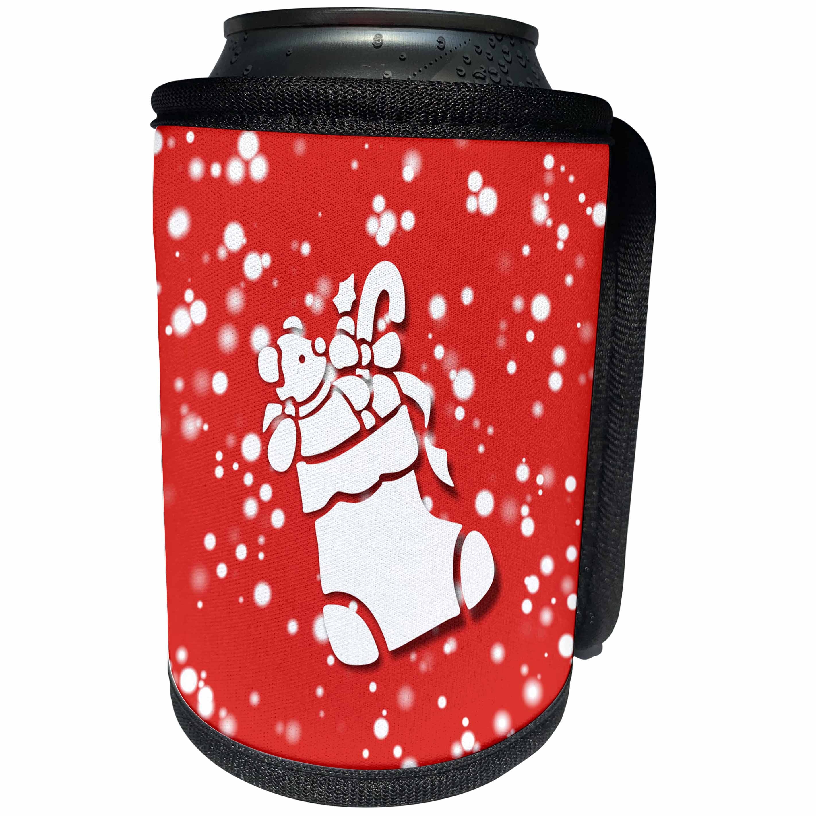 3dRose Russ Billington White Christmas Designs - White Christmas Design- Red and White Stocking with candy cane - Can Cooler Bottle Wrap (cc_251852)