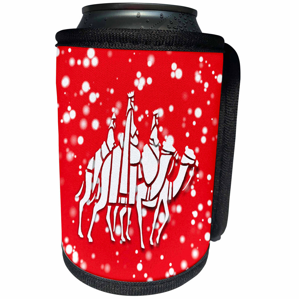 3dRose Russ Billington White Christmas Designs - White Christmas Design- Red and White Three Wise Men on Camels - Can Cooler Bottle Wrap (cc_251853)