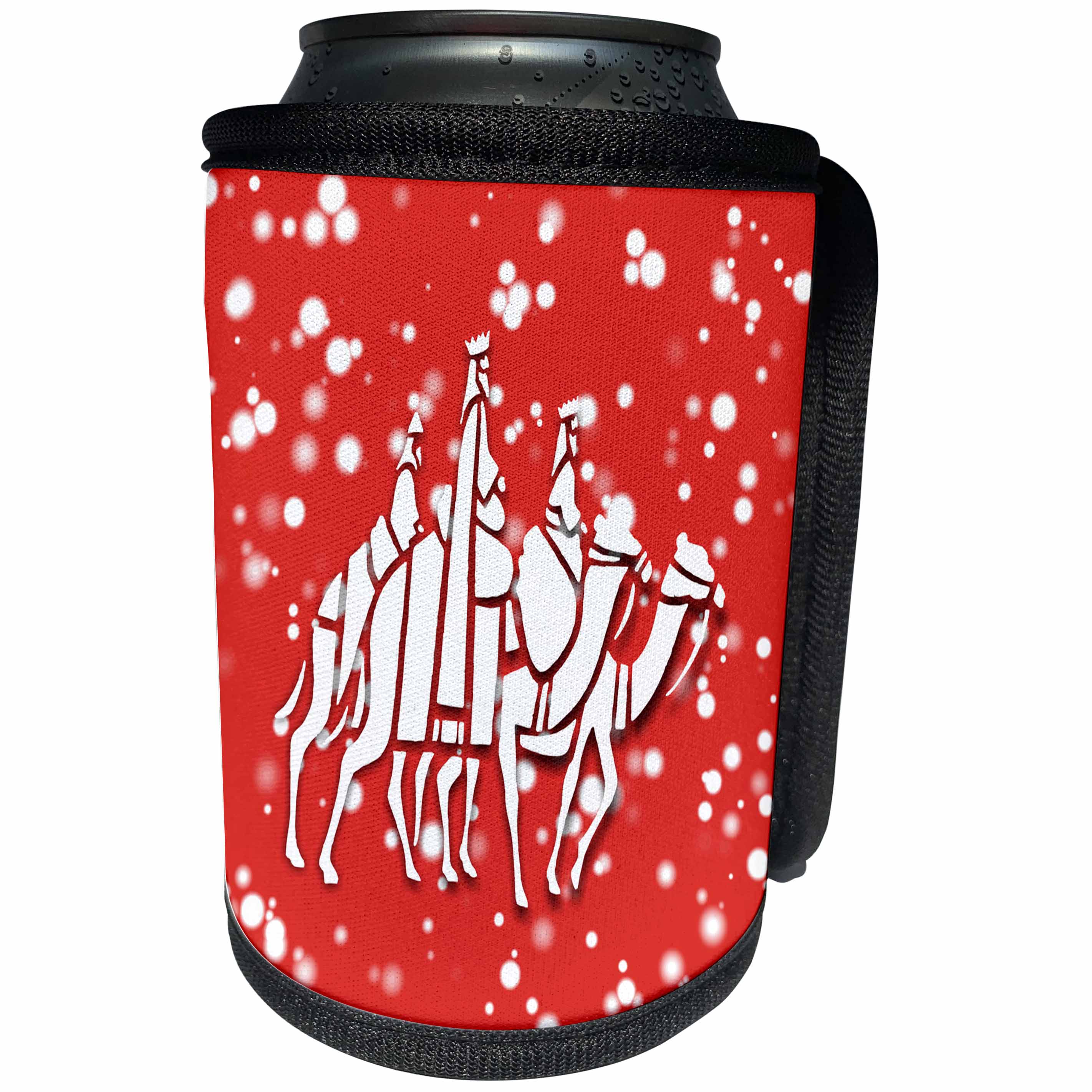 3dRose Russ Billington White Christmas Designs - White Christmas Design- Red and White Three Wise Men on Camels - Can Cooler Bottle Wrap (cc_251853)