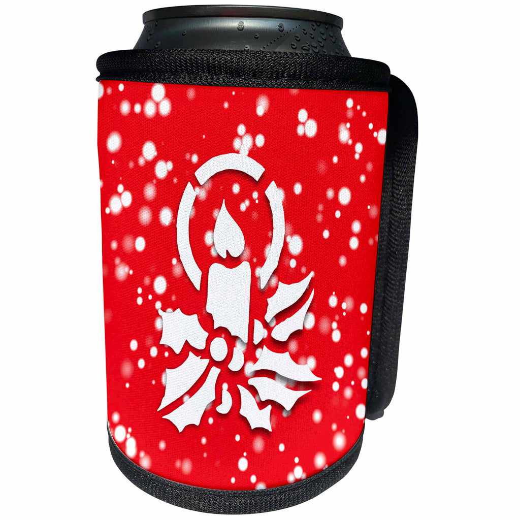 3dRose Russ Billington White Christmas Designs - White Christmas Design- Red and White Candle and Holly - Can Cooler Bottle Wrap (cc_251854)