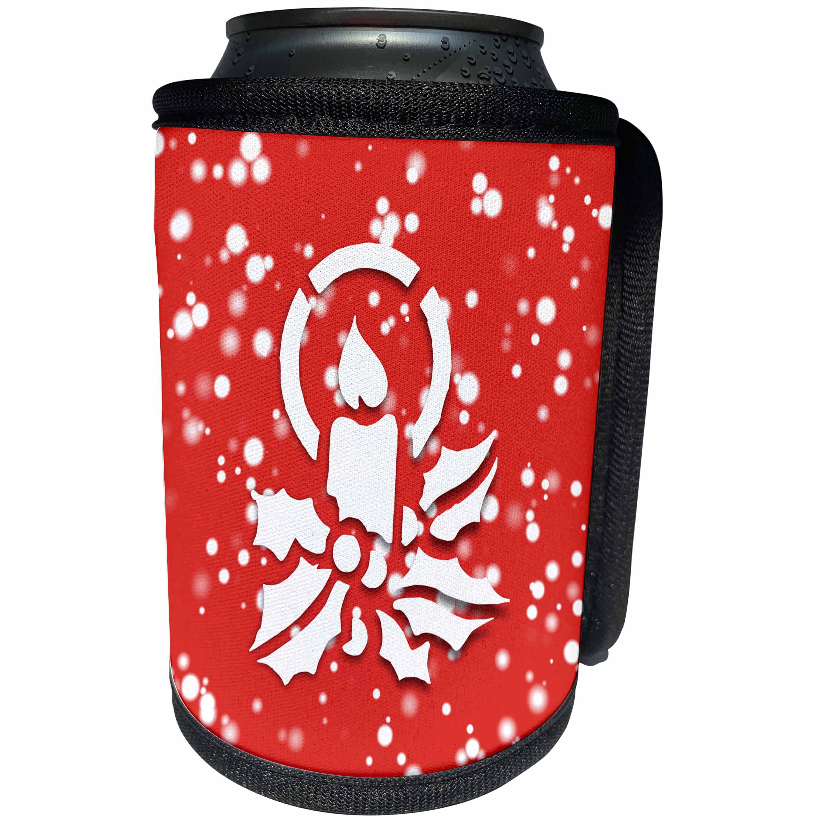 3dRose Russ Billington White Christmas Designs - White Christmas Design- Red and White Candle and Holly - Can Cooler Bottle Wrap (cc_251854)