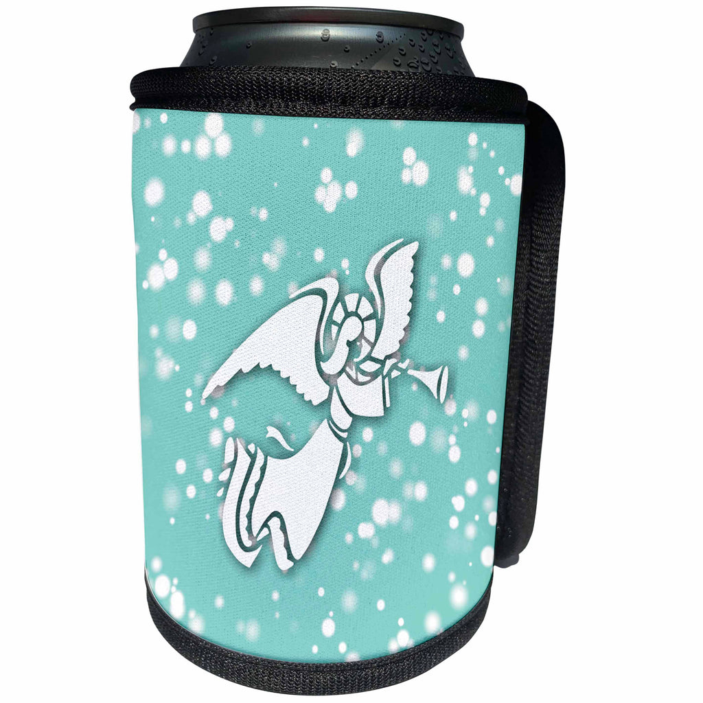 3dRose Russ Billington White Christmas Designs - White Christmas Design- Blue and White Angel with trumpet - Can Cooler Bottle Wrap (cc_251857)