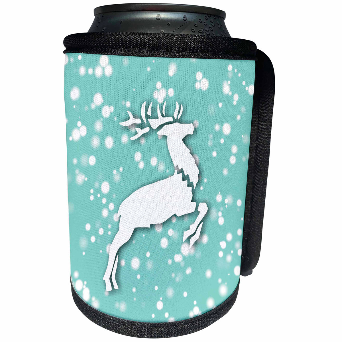 3dRose Russ Billington White Christmas Designs - White Christmas Design- Blue and White Leaping Reindeer - Can Cooler Bottle Wrap (cc_251859)