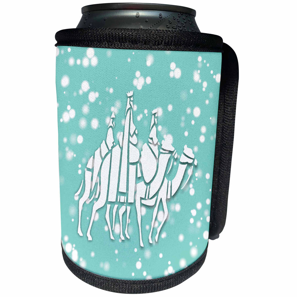 3dRose Russ Billington White Christmas Designs - White Christmas Design- Blue and White Three Wise Men on Camels - Can Cooler Bottle Wrap (cc_251869)
