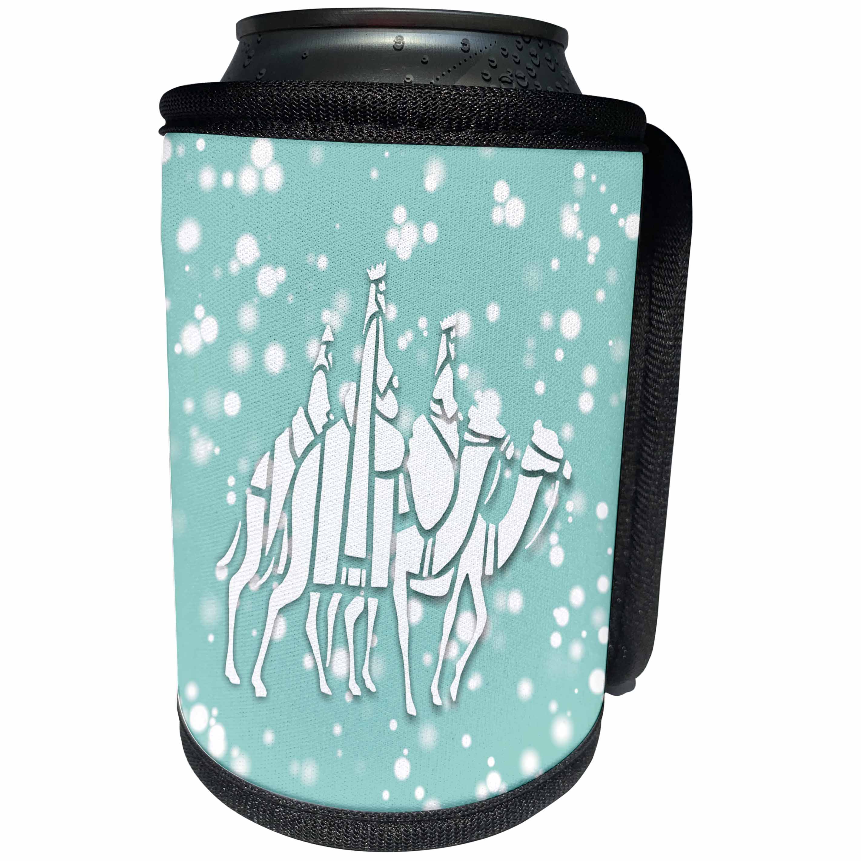 3dRose Russ Billington White Christmas Designs - White Christmas Design- Blue and White Three Wise Men on Camels - Can Cooler Bottle Wrap (cc_251869)