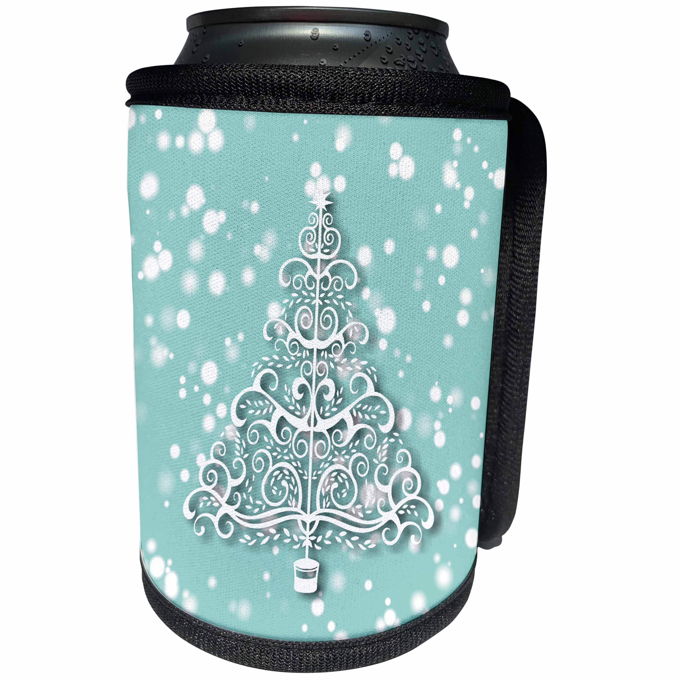 3dRose Russ Billington White Christmas Designs - White Christmas Design- Blue and White Swirly Christmas Tree - Can Cooler Bottle Wrap (cc_251872)