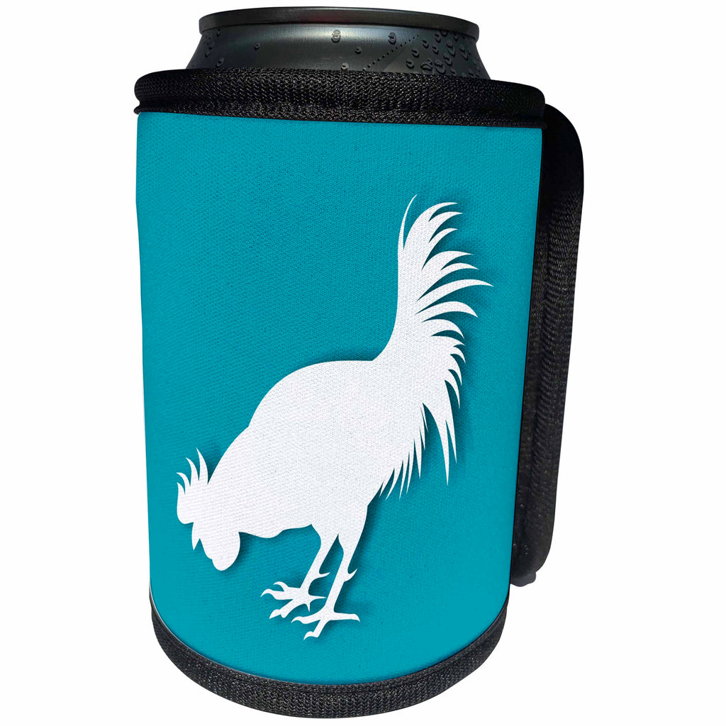 3dRose Russ Billington Designs - White Rooster on Blue Background - Can Cooler Bottle Wrap (cc_251873)