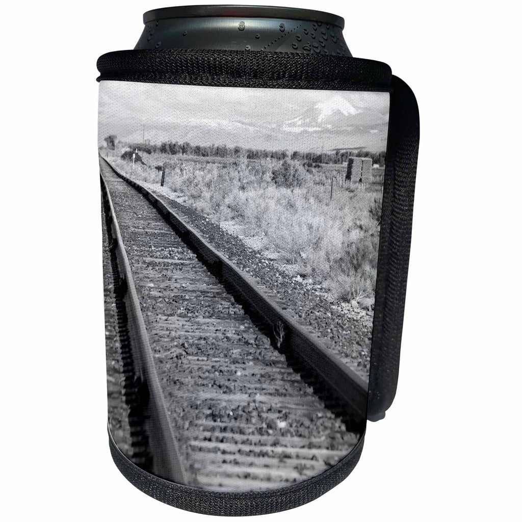 3dRose Jos Fauxtographee- Train tracks - Black and White Train Tracks going through Ogden Utah - Can Cooler Bottle Wrap (cc_252012)