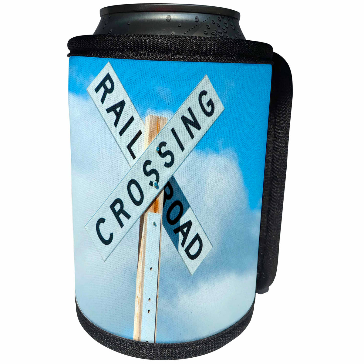 3dRose Jos Fauxtographee- Railroad Crossing - A railroad crossing sign on blue sky - Can Cooler Bottle Wrap (cc_252016)