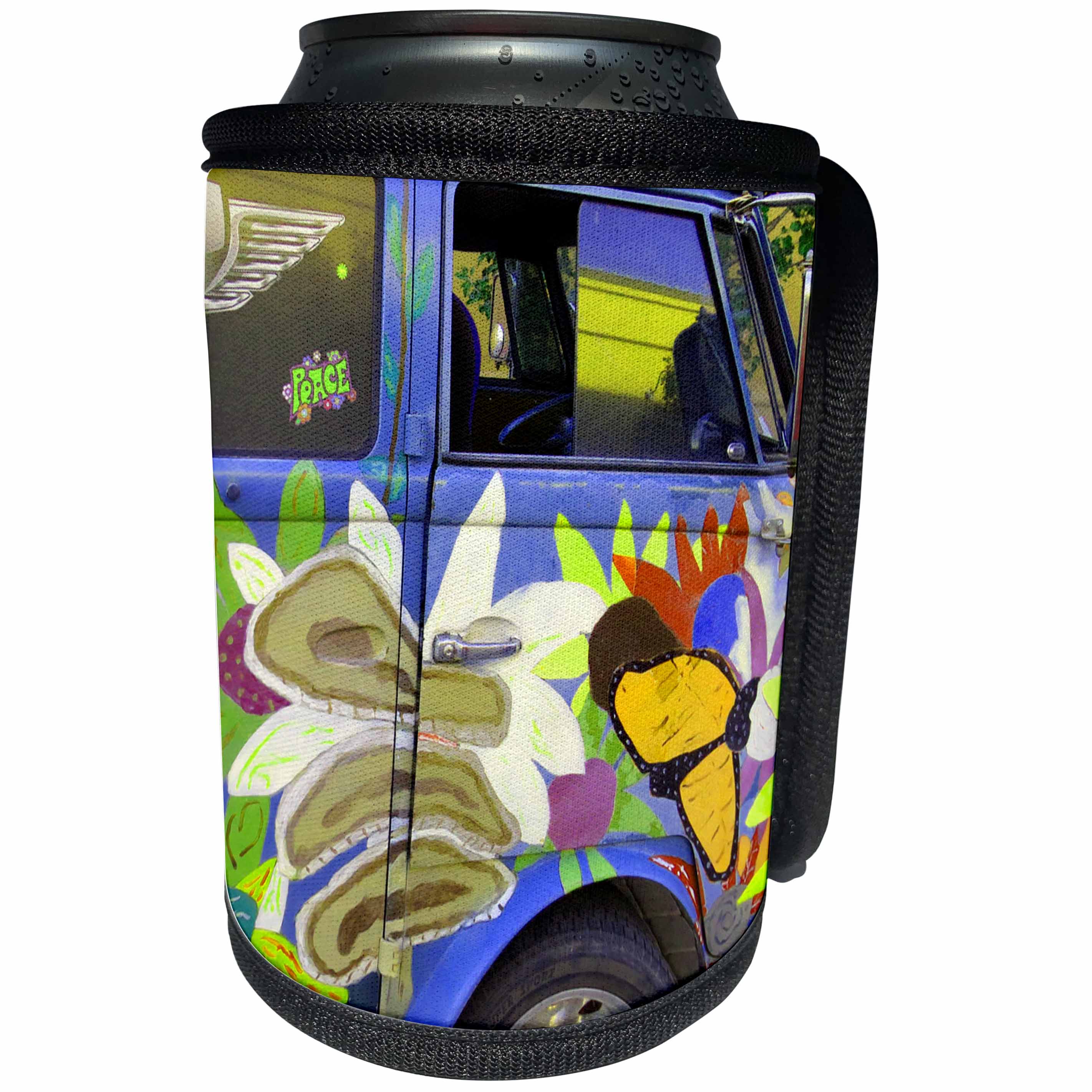 3dRose Jos Fauxtographee- Hippie Bus - An old hippie bus with flowers and peace drawn on it - Can Cooler Bottle Wrap (cc_252022)