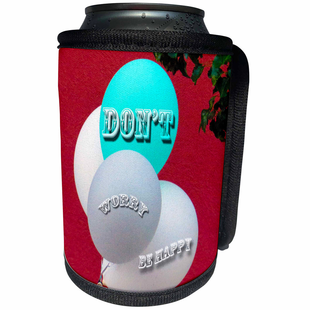 3dRose Jos Fauxtographee- Dont worry be happy - Three white balloons with one turquoise Do not worry be happy - Can Cooler Bottle Wrap (cc_252023)