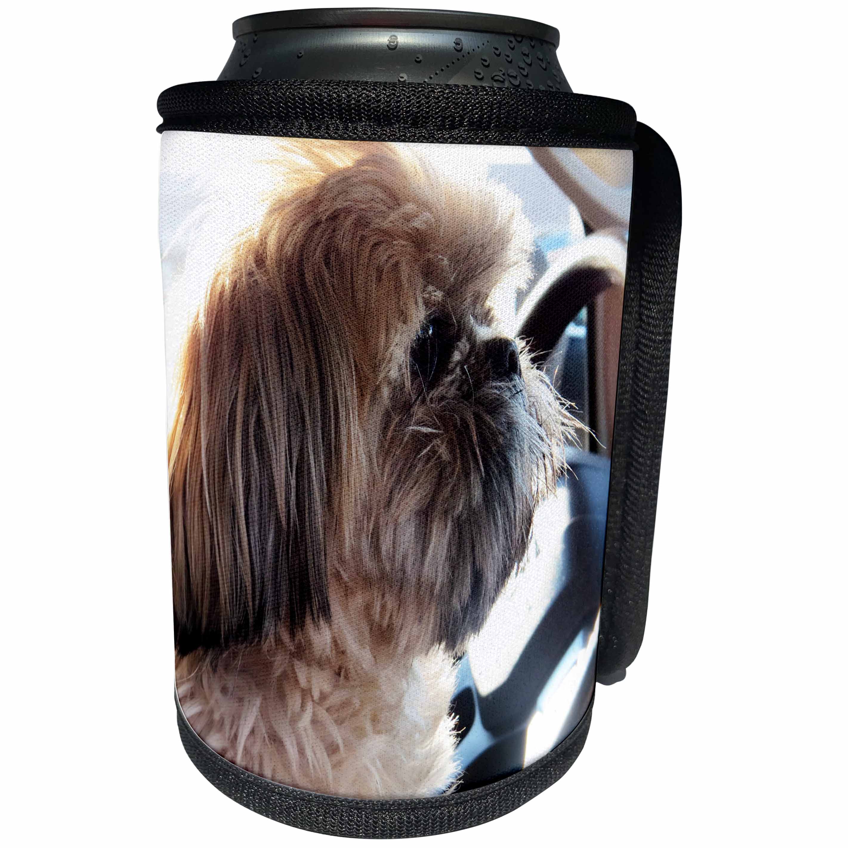 3dRose Jos Fauxtographee- Doggie - A cute Brindle Shi Tzu sitting by a steering wheel in vehicle - Can Cooler Bottle Wrap (cc_252027)