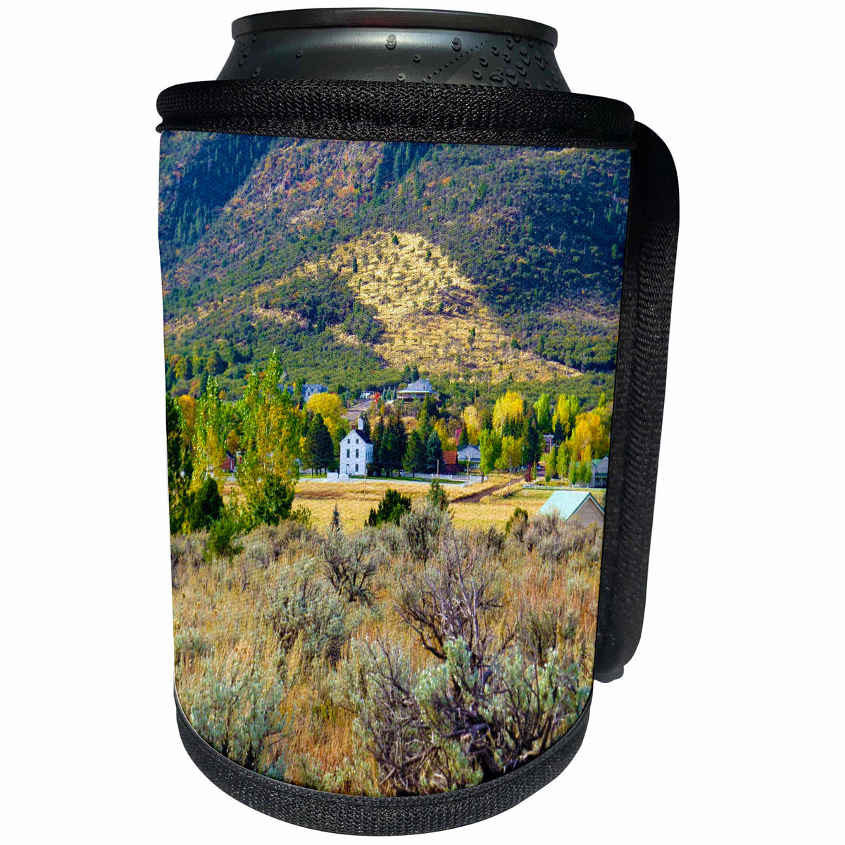 3dRose Jos Fauxtographee- Pine Valley Historical Chapel - The historical Pine Valley Chapel for the LDS Church from afar - Can Cooler Bottle Wrap (cc_252033)